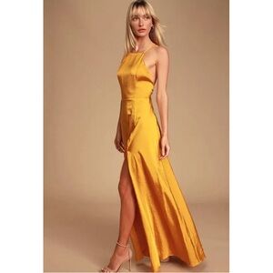 Lulu’s Golden Yellow Satin Backless Maxi Dress